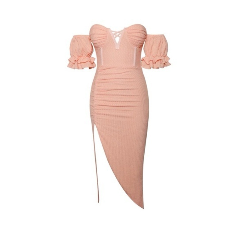 Miss Circle New York Corset Bodycon Midi Dress Cocktail Wedding Salmon Peach L - Picture 2 of 16